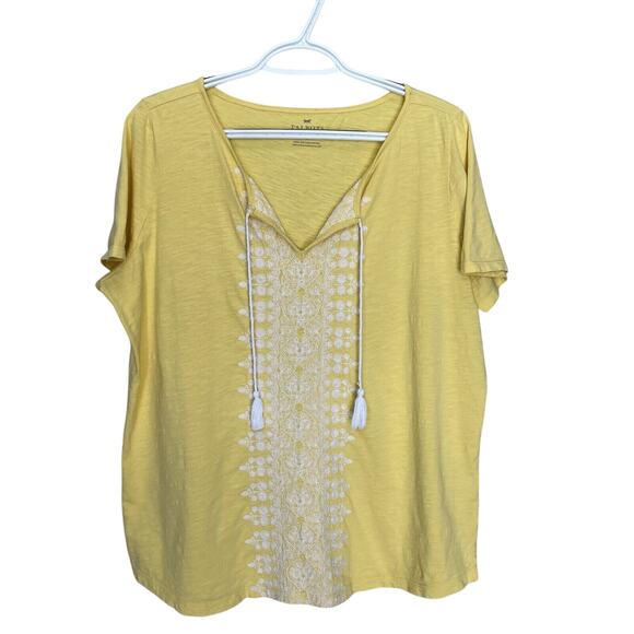 Talbots Woman | Yellow Embroidered Tassel Short Sleeve Top Size X Boho - Picture 2 of 5